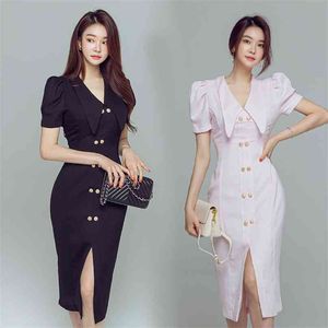 Ofis Kore Elbise Kadınlar Için Yaz Pembe Siyah Kısa Kollu V Boyun Hattı Seksi Bayanlar İş Örgün Midi Elbise 210602