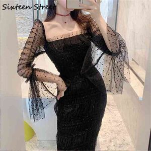 Siyah Dantel Elbise Kadın Polk Dot Mesh Seksi Vestidos Lady Uzun Kollu Yüksek Bel Kare Yaka Elbiseler Kadın Giyim 210603