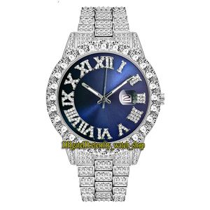 MISSFOX 2021 Eternity 2643-3 Hip Hop Moda Erkek Saatler CZ Elmas Kakma Mavi Roma Dial Kuvars Hareketi Erkekler İzle Buzlu Diamonds Alaşım Kılıf Silvery Askı