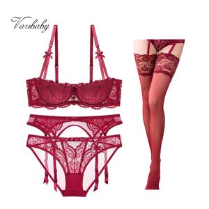 Sütyen Setleri Varsbaby Seksi Dantel 1/2 Kupası Push Up Lingerie Set Sutyen + Külot + Jartiyer + Çorap 4 Adet ABCD