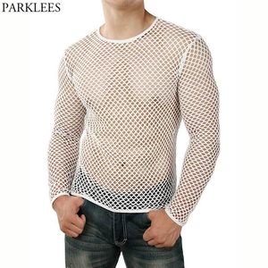 Beyaz örgü See fishnet t-shirt erkekler seksi uzun kollu şeffaf tee gömlek homme hip hop streetwear camisetas 210522