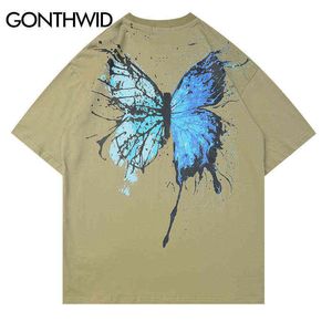 Gonthwid Graffiti Mürekkep Kelebek Baskı Streetwear Tişörtleri Hip Hop Moda Rahat Kısa Kollu Tees Gömlek Erkekler 2020 Yaz Tops G1229