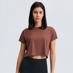 L071 Sexy Navel Exposed T-shirt Yoga allentato e traspirante Top manica corta da corsa Camicie sportive Donna Tinta unita Abbigliamento fitness all'aperto