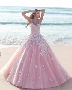 Prinzessin Blumen Blume rosa Ballkleid Quinceanera Kleider 2021 Applikation Tüll U-Ausschnitt ärmelloses Spitzenmieder lange Ballkleider formelle Party