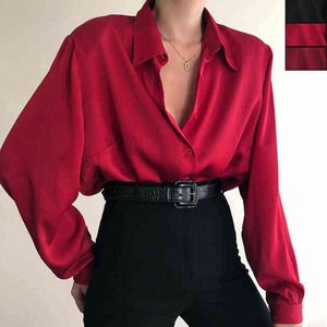 Women's Button-Down Long-Sleeve Casual Blouse Loose Office Shirt in Red/Wine Red/Black