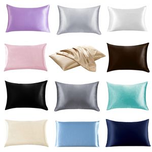 İpek Saten Yastık Kılıfı 12 Katı Renkler Soğutma Zarf Yastık Buz Silkler Cilt Dostu PillowsLip Yatak 20 * 26 inç