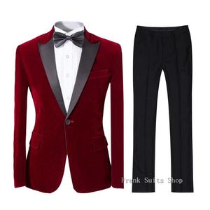 Erkek Suit Blazers Kostüm Homme 2021 Sağdıçlar Erkekler İçin Terno İnce Fit 2 Parçası Bordo Blazer Düğün Damat Smokin Mens Velvet Pro