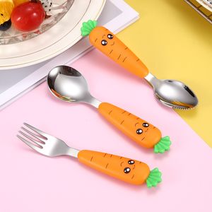 Baby Gadgets Tableware Children Utensil Stainless Steel Toddler Dinnerware Cutlery Cartoon Carrot Kids Infant Food Feeding Spoon Fork 0907