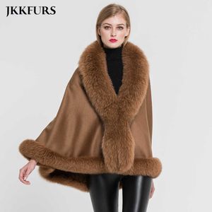 JKKFURS kadın Panço Hakiki Tilki Kürk Yaka Trim Kaşmir Pelerin Yün Moda Stil Sonbahar Kış sıcak tutan kaban S7358 Q0827