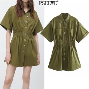 Ordu Yeşil Mini Gömlek Elbise Kadın Yaz Button Up Kısa Kollu Kadın Elastik Bel Günlük ES 210519