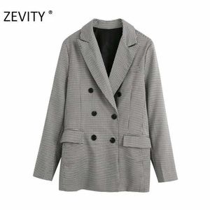 Zeveity Женщины Винтаж Двухбордовые клетки Печать Blazer Палат Офис Женские Карманные Карманные Карманные Карманные Стильные Управления Костюмы Пальто Топы CT586 210603