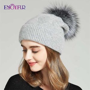 ENJOYFUR Winter Hats For Women Natural Fur Pompom hat Warm Wool Slouchy Beanies Female Fashion Skullies Lady 211229