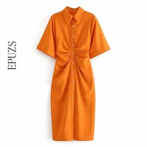 Мода Хлопок Оранжевое длинное платье Женщины Maxi Старинные Элегантные Короткие Рукав Офис Осень Повседневная Корейский Vestidos 210521
