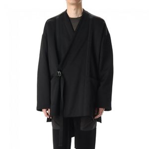 Erkek Trençkot Paltoları Rüzgarlık Ceket Yün Kimono Japon V Yaka Koyu Siyah