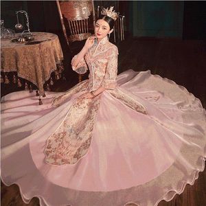 Etnik Giyim Pembe Çinli Kadınlar Cheongsam Qipao Zarif Nakış Gelinlik El Yapımı Boncuklar Gelin Kostüm Oriental Marrige Set