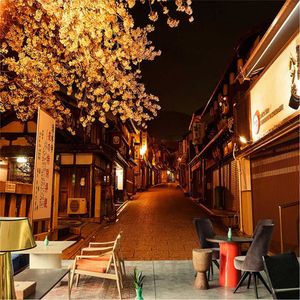 Japon Gece Manzaralı Kiraz Çiçeği Sokak Po Duvar Kağıtları 3D Mutfak Suşi Restoran Dekor Duvar Kağıdı Papel de Parede 3D