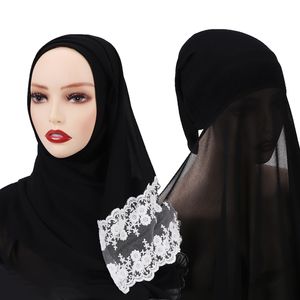 2021 Kadınlar Müslüman Dantel Katı Renk Forması Başörtüsü Kapşonlu Uzun Şifon İslam Şal Başkanı Eşarp Underscarf Cap
