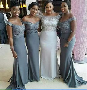 Kapalı Omuz Gri Nedime Elbiseleri Sıkı Hizmetçi Onur Törenlerinde Örgün Düğün Konuk Elbise 2021 Artı Boyutu Afrika Seksi Kısa Kollu
