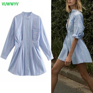 Renkli Çizgili Gömlek Elbise Kadın Yaz Yüksek Sokak Pileli Kadın Kısa Uzun Kollu Ön Düğme Vestidos Cep 210430