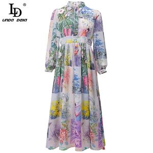 Moda Tasarımcısı Yaz Tatil Elbise Kadın Fener Kol Yüksek Bel Renkli Çiçek Baskı Vintage Uzun 210522