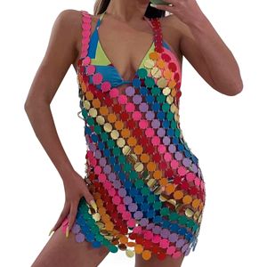 Sahne Giyim Sequins Renkli Gökkuşağı Yuvarlak Sequins Koşum Sutyen Göğüs Boyun Vücut Zinciri Seksi Yaz Plaj Bikini Elbise Kadınlar Takı