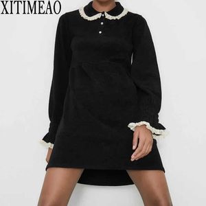 ZA Kış Kadın Retro Zarif Uzun Kollu Yaka Bel Sarılma Zarif Siyah Kalınlaşma Şönil Jersey Elbise 210602