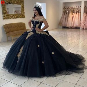 2022 Siyah Quinceanera Elbiseler Aplike Boncuklu Kapalı Omuz Prenses Balyaviler Balo Parti Giyim Tatlı 16 Elbise Vestidos Masquerade Elbise WJY591