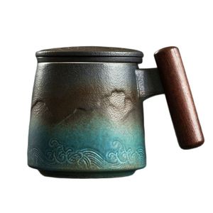Керамическая ретро кофейная чашка офисный фильтр для воды чай с крышкой и кружками деревянная ручка канеек подарок на день рождения CM061 220311