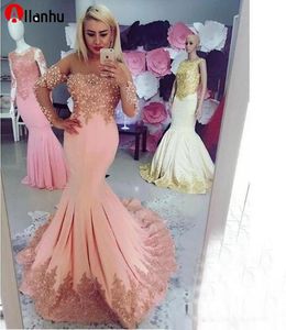 Mermaid Gelinlik Modelleri Altın Dantel Aplike Boncuklu Omuz Uzun Kollu Kristaller Özel Yapılmış Afrika Akşam elbise Örgün Durum Giyim Vestidos