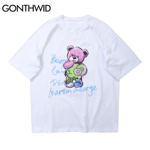 T-Shirt Hip Hop Karikatür Donuts Ayı Rahat Pamuk Tees Gömlek Harajuku Kısa Kollu Tişörtleri Mens Yaz Moda Tops 210602