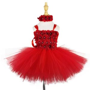 Mädchen Rote Blütenblätter Tutu Kleid Baby Häkeln Tüll Kleid mit Stirnband Kinder Geburtstag Weihnachten Party Kostüm Abendkleider Q0716