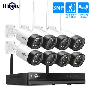 Hiseeu 3MP Wireless CCTV Camera System Áudio bidirecional para 1536P 1080P 2MP IP Camera Outdoor Security System Kits de vigilância por vídeo