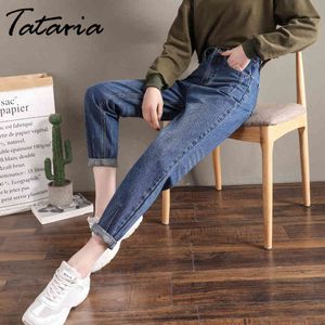 Kadınlar için Tataria Yüksek Waisted Jeans Erkek Arkadaşı Harem Pantolon Ayak Bileği Uzunluğu Kadın Gevşek Günlük Boyutu 26-32 210514