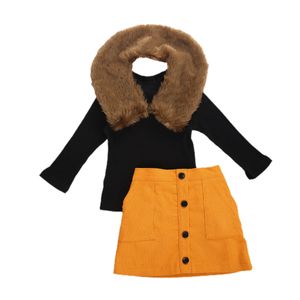 2-7Y Toddler Çocuk Gilrs Giysi Set Uzun Slewe Örme Kazak Etekler Kürk Yaka Sonbahar Kış Kıyafetleri Çocuk Kostümleri 210515