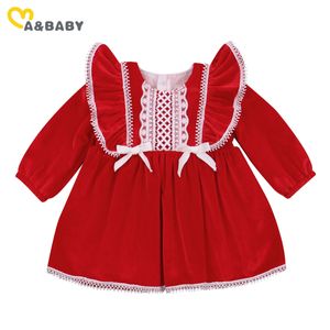 6 M-4Y Noel Doğan Bebek Bebek Kız Tutu Elbise Kadife Uzun Kollu Ruffles Dantel Yay Parti Xmas Kırmızı Elbiseler 210515
