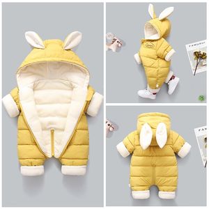 Autumn Winter Overall For Children Infant Down Cotton Thickened Clothes Hooded Cartoon Baby Boys Girls Jumpsuit Romper 220211