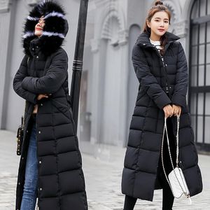 Parkas feminino 2021 inverno jaqueta quente moda cinto laço casaco gola de pele vestido longo grosso