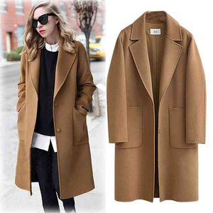 Kış Ceket Artı Boyutu Kadın Sonbahar Zarif Yaka Uzun Kollu Sıcak Yün Ceket Kore Tarzı Ofis Bayan Deve Gevşek Palto 210526