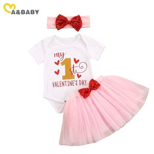 0-2Y 1ST Sevgililer Günü Bebek Kız Kıyafetler Doğan Bebek Mektubu Kalp Romper Tutu Etekler Giysileri Set 210515