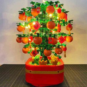 Sembo Blok Fikir Çin Yeni Yıl Turuncu Ağacı Yapı Taşları Işık Yaratıcı Noel Ağacı Modle Tuğla Müzik Kutusu Oyuncaklar Y220214