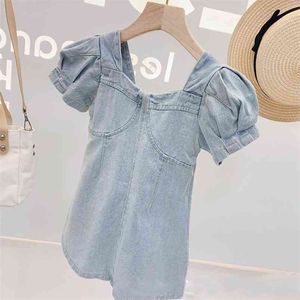 Yaz EuropeanAmerican Moda Kızlar Orta Okul Çocuk Kabarcık Kollu Denim Prenses Elbise Toddler Bebek Çocuk Kız Giyim 210625