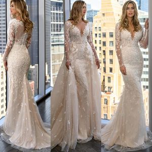 2021 Said Mhamad Champagne Mermaid Wedding Dresses Bride Gown Deeep V Neck Long Sleeves Lace Appliques Bridal Gowns Plus Size Overskirts Detachable Train Trumpet