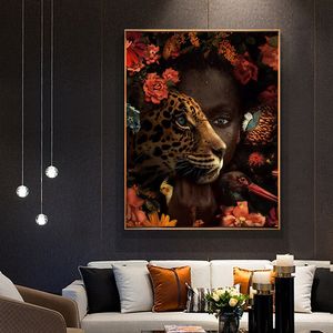 Африканское искусство черная женщина тигр роза птица живопись маслом на холсте cuadros плакаты и принты стены искусства изображения для гостиной декор