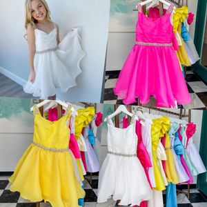 Bebek Toddlers Gençler için Sarı Pageant Elbise Gençler 2021 Boncuk Sapanlar Ritzee ROISE Organze Diz Boyu Kısa Küçük Bayan Kız Çocuk Örgün Parti Kıyafeti Fermuar Fuşya Beyaz