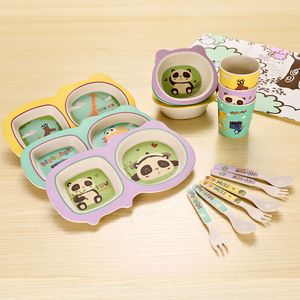 Бамбуковое волокно детская посуда набор пяти частей милый мультфильм ребенок разделенный стол тарелка чаша ложка вилка оптом