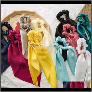 Diy Bow Streamers Elastic Hair Bands Scrunchies Solid Color Silky Satin Knotted Hair Ties Women Girls Hair Accessories Fbv9A Cpmst