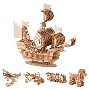 3D Wooden Puzzle Model DIY Handmade Mechanical Toys For Children Adult Model Kit Game Assembly Model Ships Train Airplane Animal