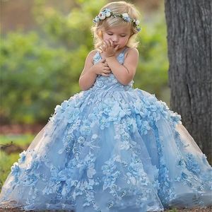 Kayışlar Sevimli Mavi Spagetti Çiçek Kız Elbiseleri Dantel Aplikler 3D Çiçek Boncuk Toddler Communion Elbise Kabarık Çocuk Balo Elbise