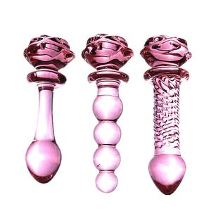 Mais novo 3 Estilo Red Rose Dilatador Dilatador Anal Dildo Beads Butt Plug Glass Sexo Anal Brinquedos ButtPrug Brinquedos sexuais para Homens Glass Anal Toy X0503