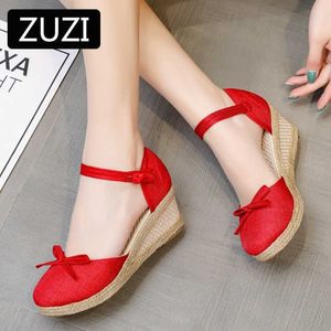 ZUZI Yaz Kadın Keten Yay Düğüm 6 CM Kama Sandalet Bohemian Bayanlar Rahat Rahat Kenevir Espadrilles Platformu Pompaları 34-41 Y0721